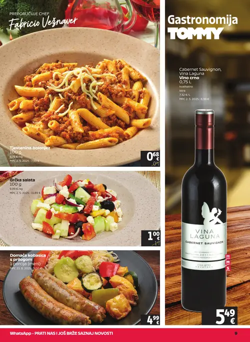 Tommy katalog — stranica 9: Grčka salata, Tjestenina bolonjez, Domaća kobasica s prilogom, Cabernet Sauvignon, Vina Laguna, Vino crno (vrijedi 03. 09. 2026.–09. 09. 2026.)