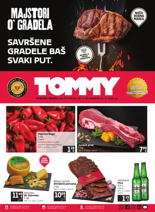 Tommy katalog — stranica 1: Delicato Sir Dalmato, Dimljena panceta, Juneća prsa, Heineken Pivo (vrijedi 10. 09. 2026.–16. 09. 2026.)