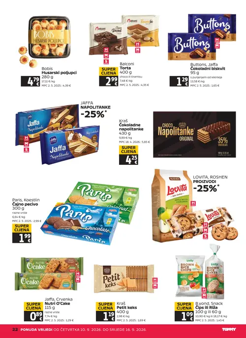 Tommy katalog — stranica 22: Paris, Koestlin Čajno pecivo, Balconi Torta choco ili tiramisu, Jaffa, Crvenka Nutri O'Cake, Kraš Petit keks (vrijedi 10. 09. 2026.–16. 09. 2026.)