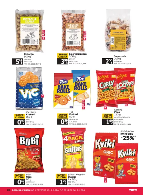 Tommy katalog — stranica 24: Saltas, Koestlin Štapići, Tuc Krekeri razne vrste, Lorenz Flips curly ili curly loopys s kikirikijem, Kraš Vic, Kraš Krekeri slani (vrijedi 10. 09. 2026.–16. 09. 2026.)
