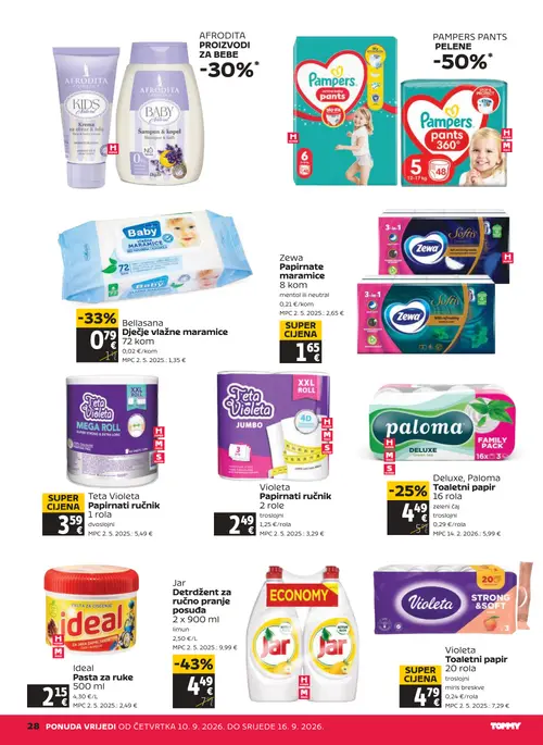 Tommy katalog — stranica 28: Jar Deterdžent za ručno pranje posuđa, Violeta Toaletni papir, Bellasana Dječje vlažne maramice, Deluxe, Paloma Toaletni papir (vrijedi 10. 09. 2026.–16. 09. 2026.)