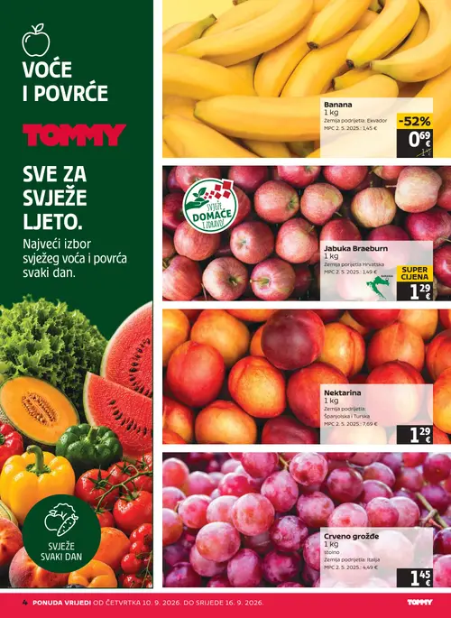 Tommy katalog — stranica 4: Nektarina, Crveno grožđe stolno, Banana, Jabuka Braeburn (vrijedi 10. 09. 2026.–16. 09. 2026.)