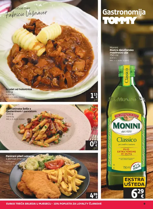 Tommy katalog — stranica 9: Brudet od hobotnice, Dalmatinska šalša s tjesteninom i pancetom, Panirani pileći odrezak, Monini Ekstra djevicansko maslinovo ulje (vrijedi 10. 09. 2026.–16. 09. 2026.)