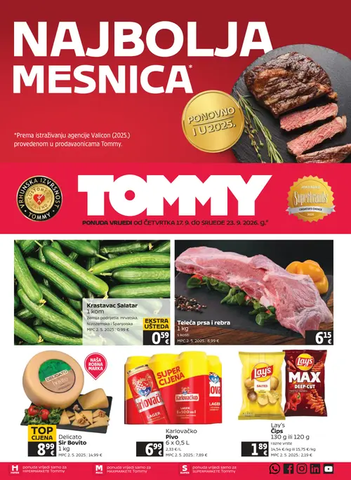 Tommy katalog — stranica 1: Delicato Sir Bovito, Lay's Čips Salted, Karlovačko Pivo LAGER, Teleća prsa i rebra (vrijedi 17. 09. 2026.–23. 09. 2026.)