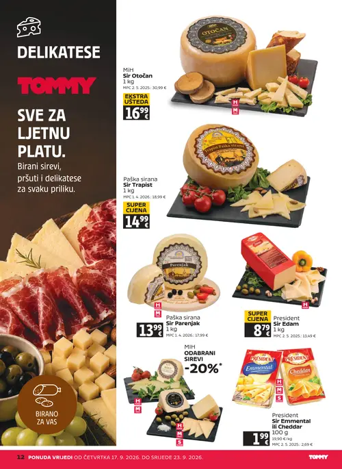 Tommy katalog — stranica 12: MiH Sir Otočan, President Sir Edam, Paška sirana Sir Parenjak, Paška sirana Sir Trapist (vrijedi 17. 09. 2026.–23. 09. 2026.)