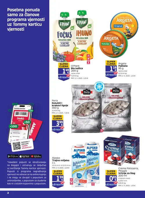 Tommy katalog — stranica 2: Perla Kolutići i krakovi lignje, Alpsko Trajno mlijeko, O'Plant Bio kašica, Argeta Pašteta (vrijedi 17. 09. 2026.–23. 09. 2026.)