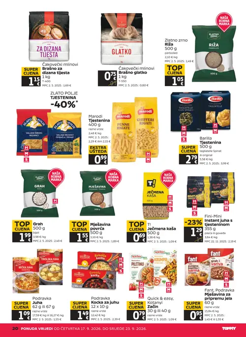 Tommy katalog — stranica 20: Podravka Kocka za juhu, T! Ječmena kaša, ČAKOVEČKI MLINOVI Brašno za dizana tijesta, Barilla Tjestenina tagliatelle s pinaci (vrijedi 17. 09. 2026.–23. 09. 2026.)