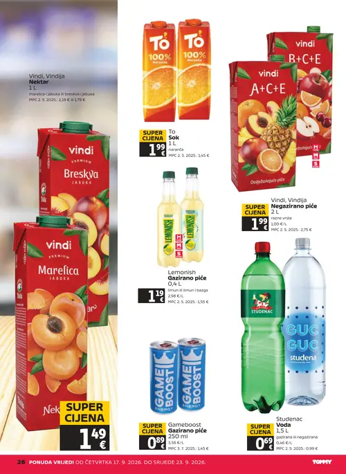 Tommy katalog — stranica 26: Gameboost Gazirano piće, Lemonish Gazirano piće, Vindi Negazirano piće, Vindi, Vindija Nektar (vrijedi 17. 09. 2026.–23. 09. 2026.)