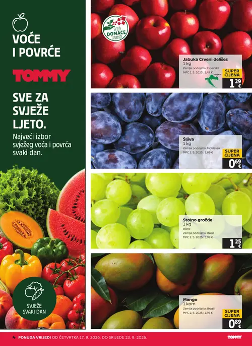 Tommy katalog — stranica 4: Šljiva, Stolno grožđe, Mango, Jabuka Crveni delišes (vrijedi 17. 09. 2026.–23. 09. 2026.)