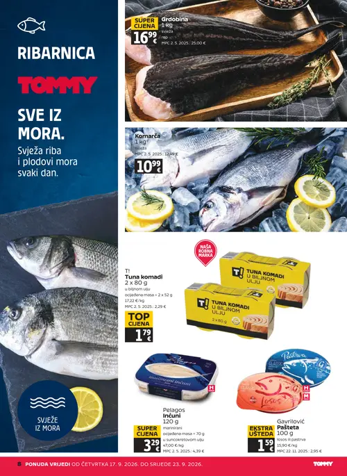 Tommy katalog — stranica 8: Gavriloć Pašteta losos ili pastrva, Grdobina, Pelagos Inćuni marinirani, T! Tuna komadi u biljnom ulju (vrijedi 17. 09. 2026.–23. 09. 2026.)
