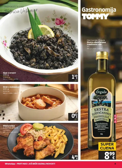 Tommy katalog — stranica 9: Sipa s orzom, Grah s kobasicom, Pileća krilca 1 porcija (meni), Orgula Ekstra djevicansko maslinovo ulje Harmonija (vrijedi 17. 09. 2026.–23. 09. 2026.)