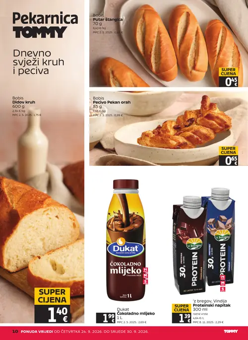 Tommy katalog — stranica 10: 'z bregov, Vindija Proteinski napitak, Dukat Čokoladno mlijeko, Kruh, Bobis Pecivo Pekan orah (vrijedi 24. 09. 2026.–30. 09. 2026.)