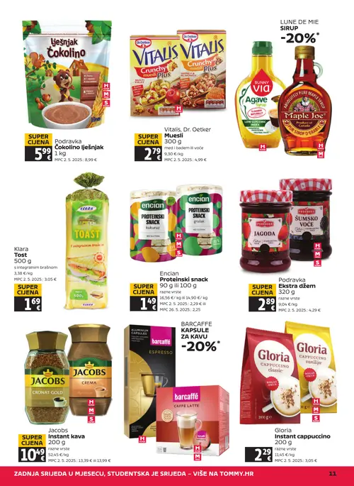 Tommy katalog — stranica 11: Klara Tost, Dr. Oetker Vitalis Muesli, Encian Proteinski snack, Podravka Cokolino lješnjak (vrijedi 24. 09. 2026.–30. 09. 2026.)