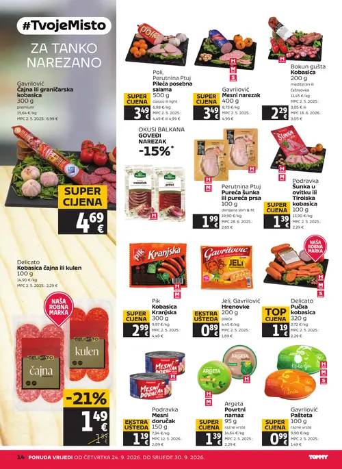 Tommy katalog — stranica 14: Jeli, Gavriloć Hrenovke, Delicato Pučka kobasica, Podravka Mesni doručak, Argeta Povrtni namaz (vrijedi 24. 09. 2026.–30. 09. 2026.)