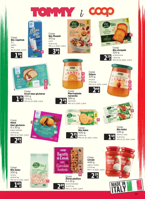 Tommy katalog — stranica 17: Coop Bio napitak 1 L, Coop Bio Muesli 375 g, Coop dvopek 320 g, Coop Kruh bez glutena 230 g (vrijedi 24. 09. 2026.–30. 09. 2026.)