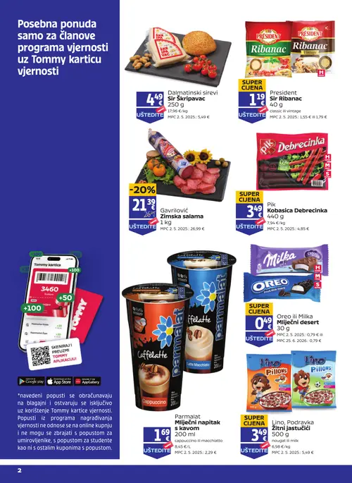 Tommy katalog — stranica 2: Oreo ili Milka Mliječni desert, President Sir Ribanac, Lino, Podravka Žitni jastučići, Parmalat Mliječni napitak s kavom (vrijedi 24. 09. 2026.–30. 09. 2026.)