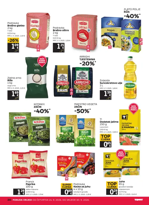 Tommy katalog — stranica 20: T! Juha 65 g, Podravka Kocka za juhu 4 x 10 g, Franck Paprika 100 g, Podravka Brašno glatko 2 kg (vrijedi 24. 09. 2026.–30. 09. 2026.)