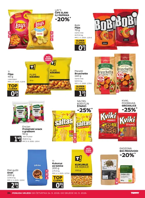 Tommy katalog — stranica 24: T! Flips, Bobi Flips, T! Kukuruz za kokice, Maretti Bruschette chips (vrijedi 24. 09. 2026.–30. 09. 2026.)