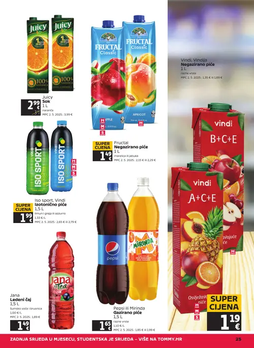 Tommy katalog — stranica 25: Fructal Negazirano piće, Vindi Iso sport, Vindi Izotonično piće, Juicy Sok naronča, Jana Ledeni čaj (vrijedi 24. 09. 2026.–30. 09. 2026.)