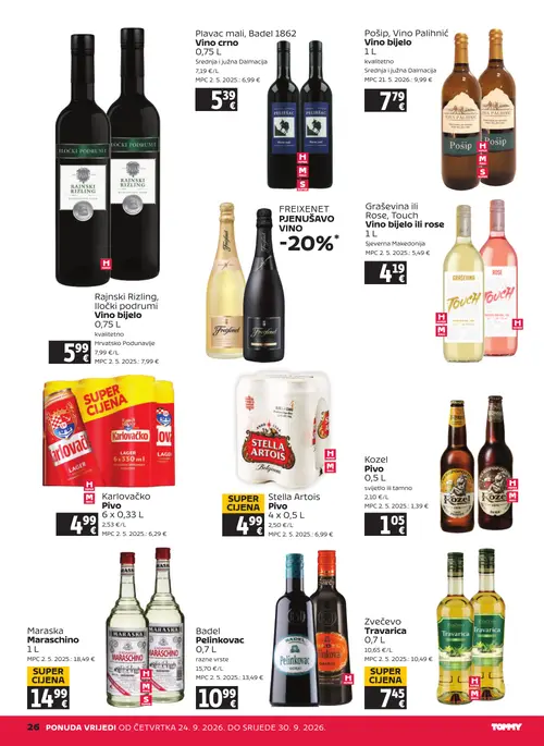 Tommy katalog — stranica 26: Zvečevo Travarica, Stella Artois Pivo, Iločki podrumi Rajnski Rizling, Iločki podrumi Vino bijelo, Kozel Pivo (vrijedi 24. 09. 2026.–30. 09. 2026.)