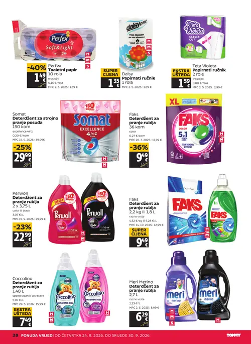 Tommy katalog — stranica 28: Coccolino Deterdžent za pranje rublja 1,48 L, Teta Violeta Papirnati ručnik 2 role, Perferx Toaletni papir 10 rola, Faks Deterdžent za pranje rublja 36 kom (vrijedi 24. 09. 2026.–30. 09. 2026.)