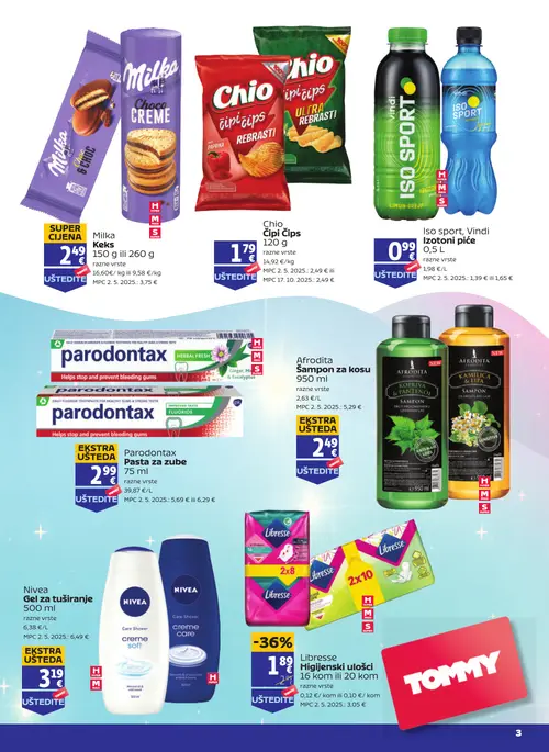 Tommy katalog — stranica 3: Afrodita Šampon za kosu, Parodontax Pasta za zube, Nivea Gel za tuširanje, Vindi ISO SPORT Izotoničko piće (vrijedi 24. 09. 2026.–30. 09. 2026.)