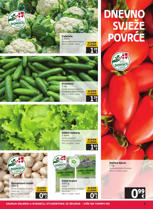 Tommy katalog — stranica 5: Rajčica šljivar, Cvjetača, Salata Iceberg, Krastavci (vrijedi 24. 09. 2026.–30. 09. 2026.)