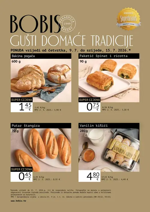 Tommy katalog — stranica 1: Paketić špinat i ricotta, Bakina pogača, Putar štangica, Bobis Vanilin kiflići (vrijedi 09. 07. 2026.–15. 07. 2026.)