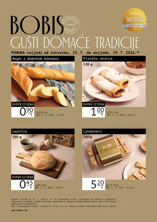 Tommy katalog — stranica 1: Baget s dodatkom kukuruza, Piroška ekstra, Lepinja, Londoneri (vrijedi 23. 07. 2026.–29. 07. 2026.)