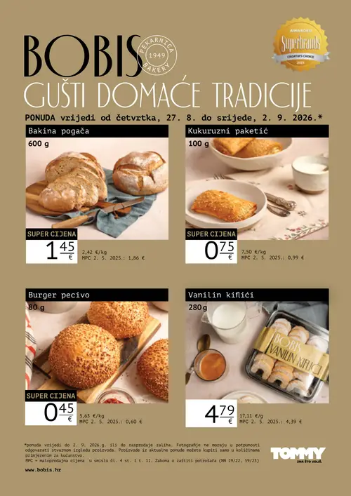 Tommy katalog — stranica 1: Bakina pogača, Kukuruzni paketić, Burger pecivo, BOBIS Vanilin kiflići (vrijedi 27. 08. 2026.–02. 09. 2026.)