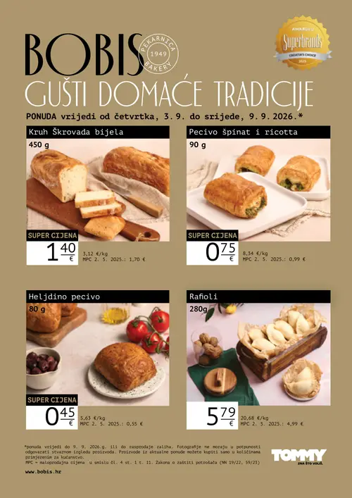 Tommy katalog — stranica 1: Pecivo špinat i ricotta, Heljdino pecivo, Kruh Škrovada bijela, Rafioli (vrijedi 03. 09. 2026.–09. 09. 2026.)