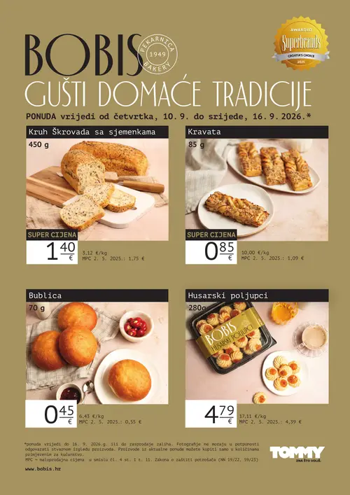 Tommy katalog — stranica 1: Kruh Škrovada sa sjemenkama, Kravata, Bublica, BOBIS Husarski poljupci (vrijedi 10. 09. 2026.–16. 09. 2026.)