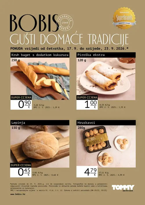 Tommy katalog — stranica 1: Kruh baget s dodatkom kukuruza, Piroška ekstra, Lepinja, BOBIS Hruskavci (vrijedi 17. 09. 2026.–23. 09. 2026.)