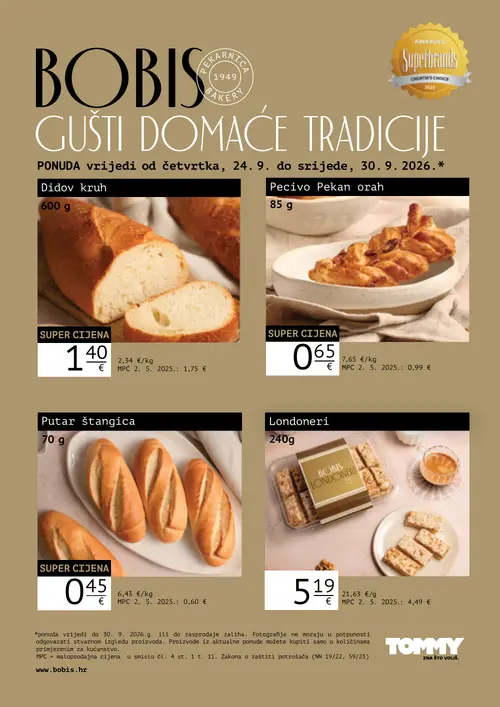 Tommy katalog — stranica 1: Pecivo Pekan orah, Putar štangica, Didov kruh, Bobis Londoneri (vrijedi 24. 09. 2026.–30. 09. 2026.)