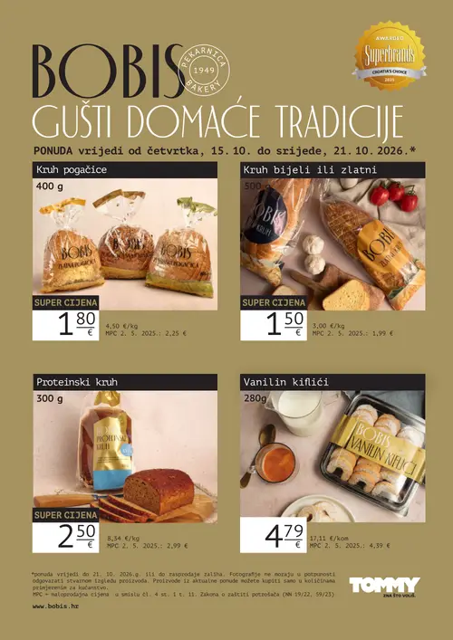 Tommy katalog — stranica 1: BOBIS Kruh pogačice, BOBIS Vanilin kiflići, BOBIS Kruh bijeli ili zlatni, BOBIS Proteinski kruh (vrijedi 15.10.–21.10.2026.)