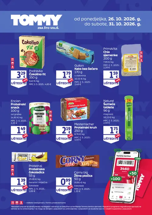 Tommy katalog — stranica 1: Mestemacher Proteinski kruh, Encian Proteinski snack, Podravka Čokolino Fit, PrimaVita Chia sjemenke (vrijedi 26.10.–31.10.2026.)