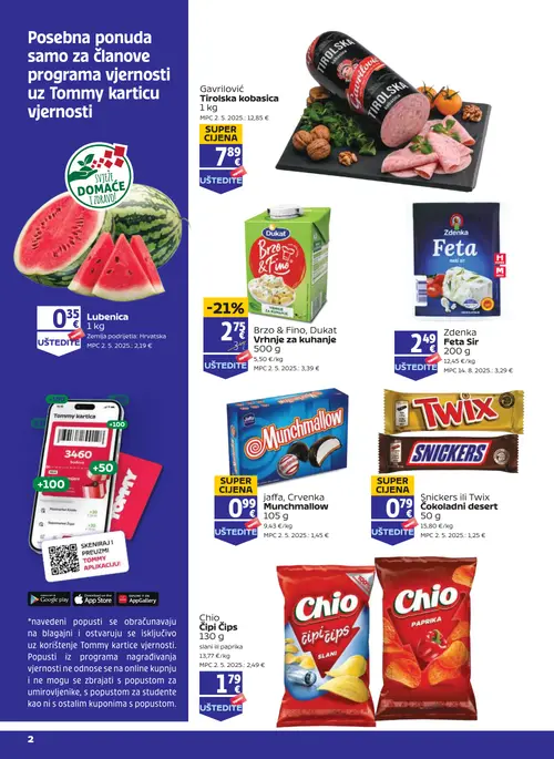 Tommy katalog — stranica 1: Lubenica, Snickers ili Twix Čokoladni desert, Jaffa, Crvenka Munchmallow, Chio Čipi Čips slani (vrijedi 10. 09. 2026.–16. 09. 2026.)