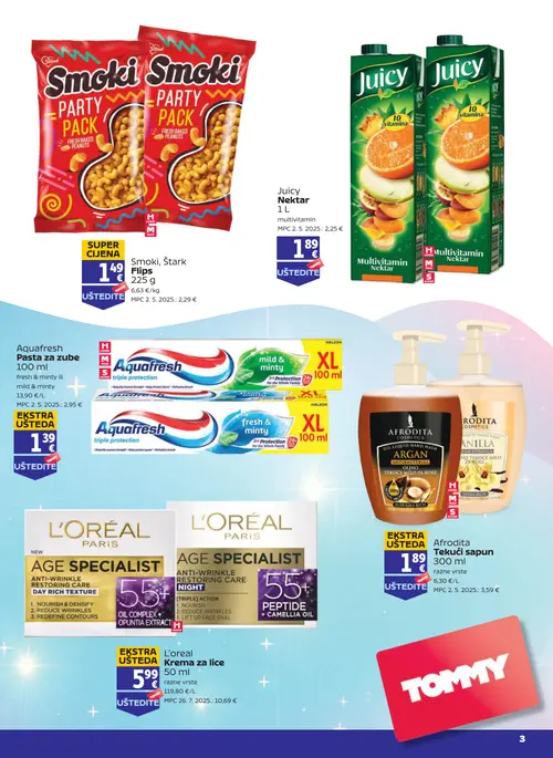 Tommy katalog — stranica 2: L'oreal Krema za lice, Smoki, Štark Flips, Juicy Nektar, Aquafresh Pasta za zube (vrijedi 17. 09. 2026.–23. 09. 2026.)