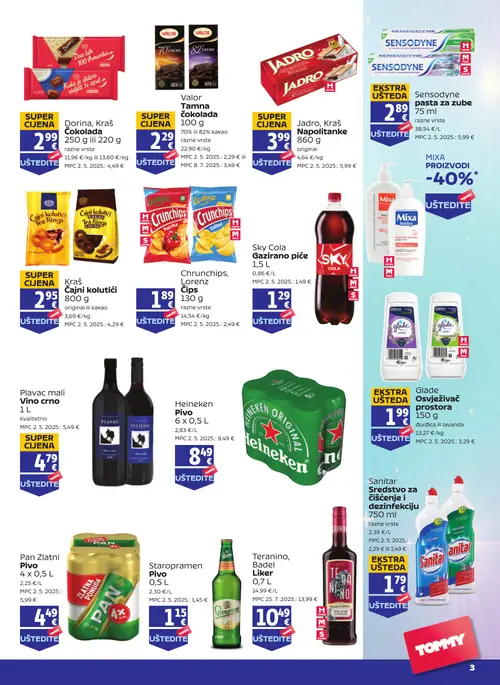 Tommy katalog — stranica 2: Pan Zlatni Pivo 4 x 0,5 L, Kraš Dorina, Kraš Čokolada 250 g ili 220 g, Heineken Pivo 6 x 0,5 L, Plavac mali Vino crno 1 L (vrijedi 15.10.–21.10.2026.)