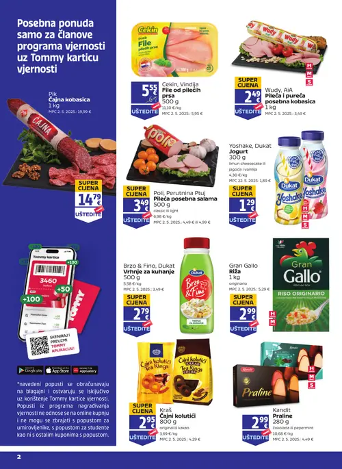 Tommy katalog — stranica 1: Gran Gallo Riža, Kandit Praline, Kraš Čajni kolutići, Wudy, AiA Pileća i pureća posebna kobasica (vrijedi 23. 07. 2026.–29. 07. 2026.)