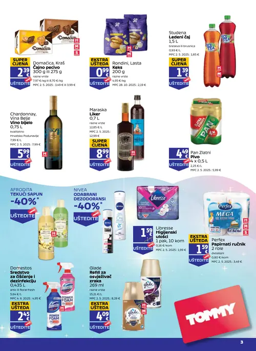Tommy katalog — stranica 2: Lasta Rondini, Lasta Keks, Perfex Papirnati ručnik, Glade Refill za osvježivač zraka, Domestos Sredstvo za čišćenje i dezinfekciju (vrijedi 20. 08. 2026.–26. 08. 2026.)