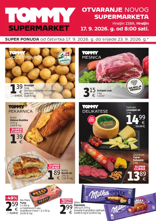 Tommy katalog — stranica 1: Rio Mare Tuna u maslinovom ulju, Delicato Livanjski sir, Krumpir pakirani, Gavrilović Čajna kobasica (vrijedi 17. 09. 2026.–23. 09. 2026.)
