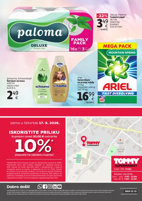 Tommy katalog — stranica 4: Paloma Deluxe, Paloma Toaletni papir 16 rola zeleni čaj troslojni, Ariel Šampon za pranje rublja 4,4 kg mountain spring, Schauma Šampon za kosu 400 ml razne vrste (vrijedi 17. 09. 2026.–23. 09. 2026.)