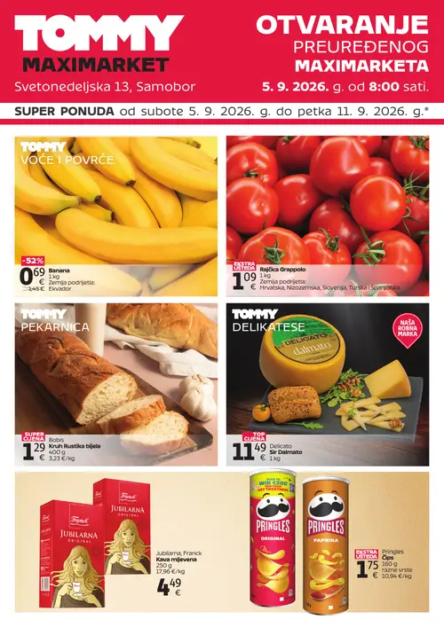 Tommy katalog — stranica 1: Banana, Franck Jubilarna Kava mljevena, Pringles Čips razne vrste, Delicato Sir Dalmato (vrijedi 05. 09. 2026.–11. 09. 2026.)