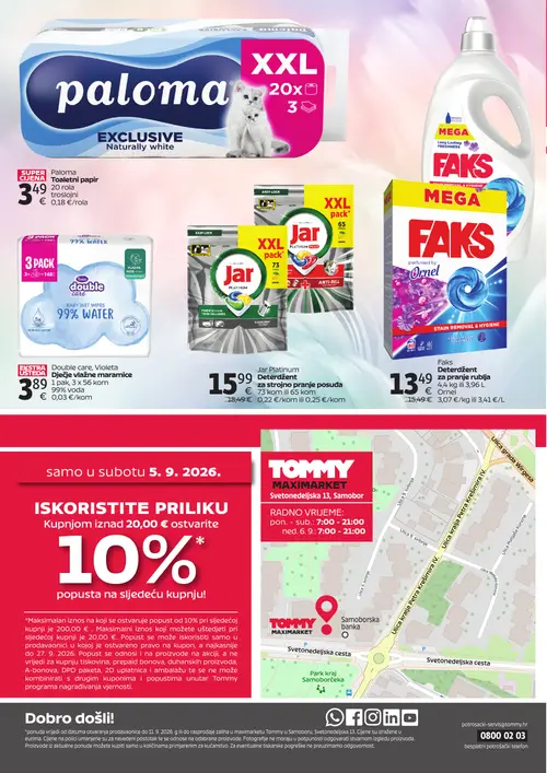 Tommy katalog — stranica 4: Jar Platinum Deterdžent za strojno pranje posuđa, Faks Deterdžent za pranje rublja, Paloma Toaletni papir, Violeta Double care, Violeta Dječje vlažne maramice (vrijedi 05. 09. 2026.–11. 09. 2026.)