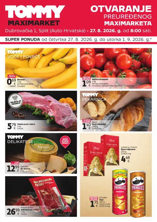 Tommy katalog — stranica 1: Banana, Rajčica Grappolo, Teleća prsa i rebra, Bobis Bobis Kruh Hajdučki (vrijedi 27. 08. 2026.–01. 09. 2026.)