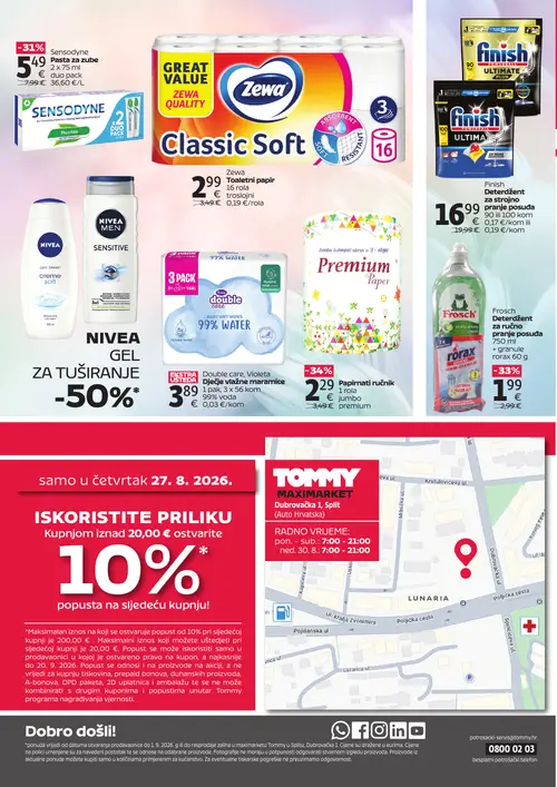 Tommy katalog — stranica 4: Papirnati ručnik, Frosch Deterdžent za ručno pranje posuđa, Sensodyne Pasta za zube, Finish Deterdžent za strojno pranje posuđa (vrijedi 27. 08. 2026.–01. 09. 2026.)