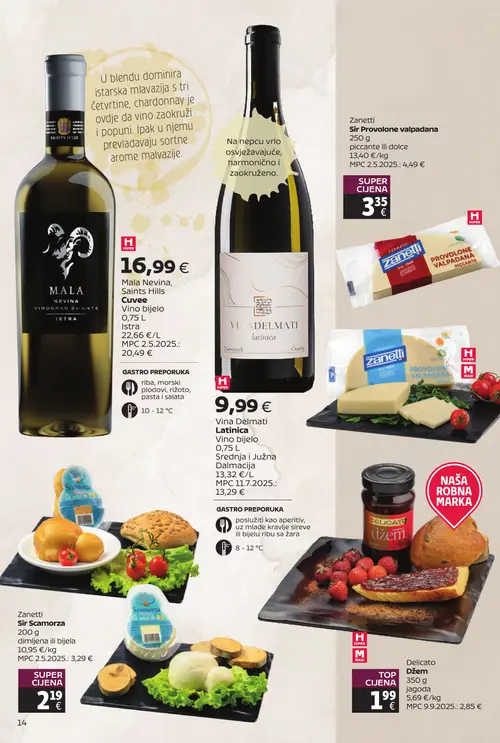 Tommy katalog — stranica 14: Zanetti Sir Scamorza dimljena ili bijela, Delicato Džem jagoda, Vina Delmati Latinica Vino bijelo, Mala Nevina, Saints Hills Cuvee Vino bijelo (vrijedi 20. 07. 2026.–09. 08. 2026.)