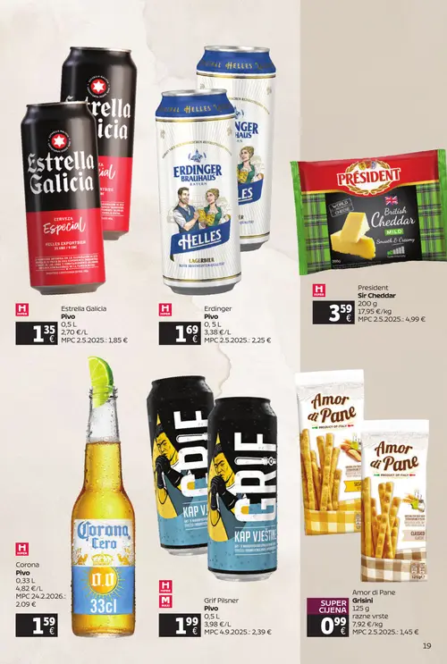 Tommy katalog — stranica 19: Estrella Galicia Estrella Galicia Pivo, Erdinger Erdinger Pivo, President President Sir Cheddar, Corona Corona Pivo (vrijedi 20. 07. 2026.–09. 08. 2026.)