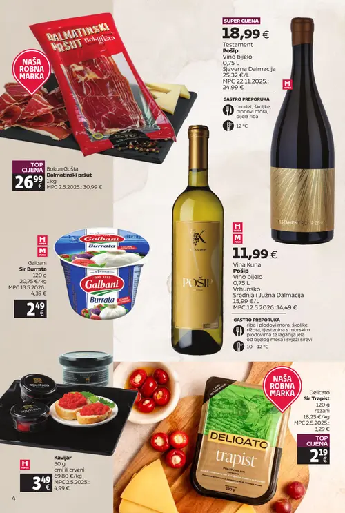 Tommy katalog — stranica 4: Delicato Delicato Sir Trapist, agutson Kavijar crni ili crveni, Testament Pošip Vino bijelo, Vina Kuna Pošip Vino bijelo (vrijedi 20. 07. 2026.–09. 08. 2026.)